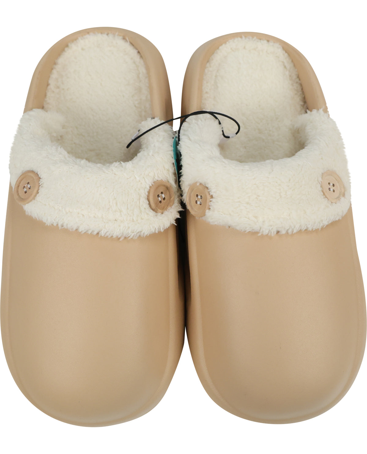 A pair of beige slip-on clogs with a thick white sherpa fleece collar and decorative buttons, shown from a top-down view on a white background.