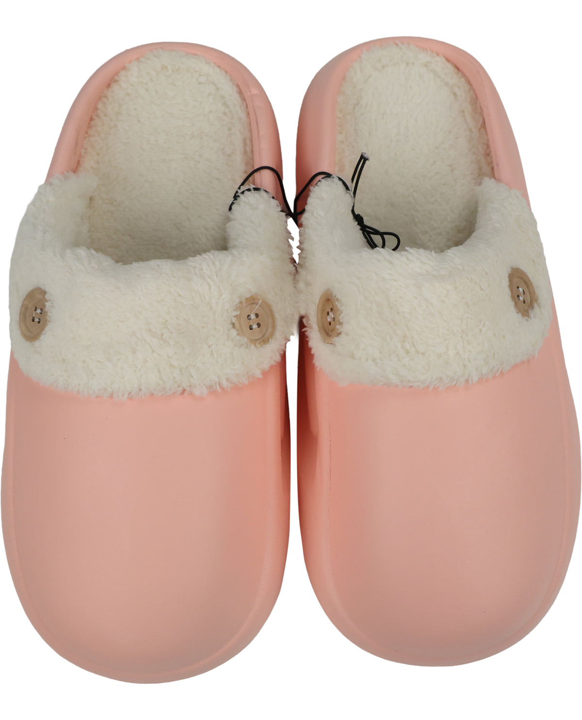 A pair of pastel pink slip-on clogs with a thick white faux-fur collar and decorative wooden buttons, shown against a plain white background.
