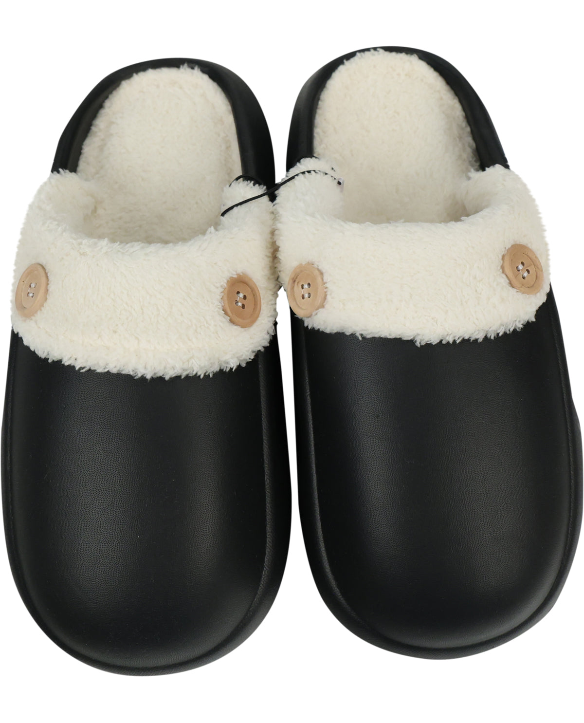 A pair of black slip-on slippers with a thick white faux-fur collar and two light brown decorative buttons on the outer side, shown against a plain white background.