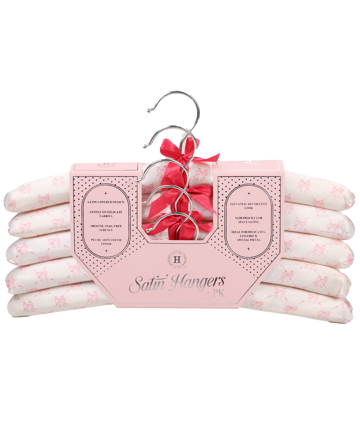 Heritage Pink Printed Bow 5pk Satin Hanger Sliver Hook