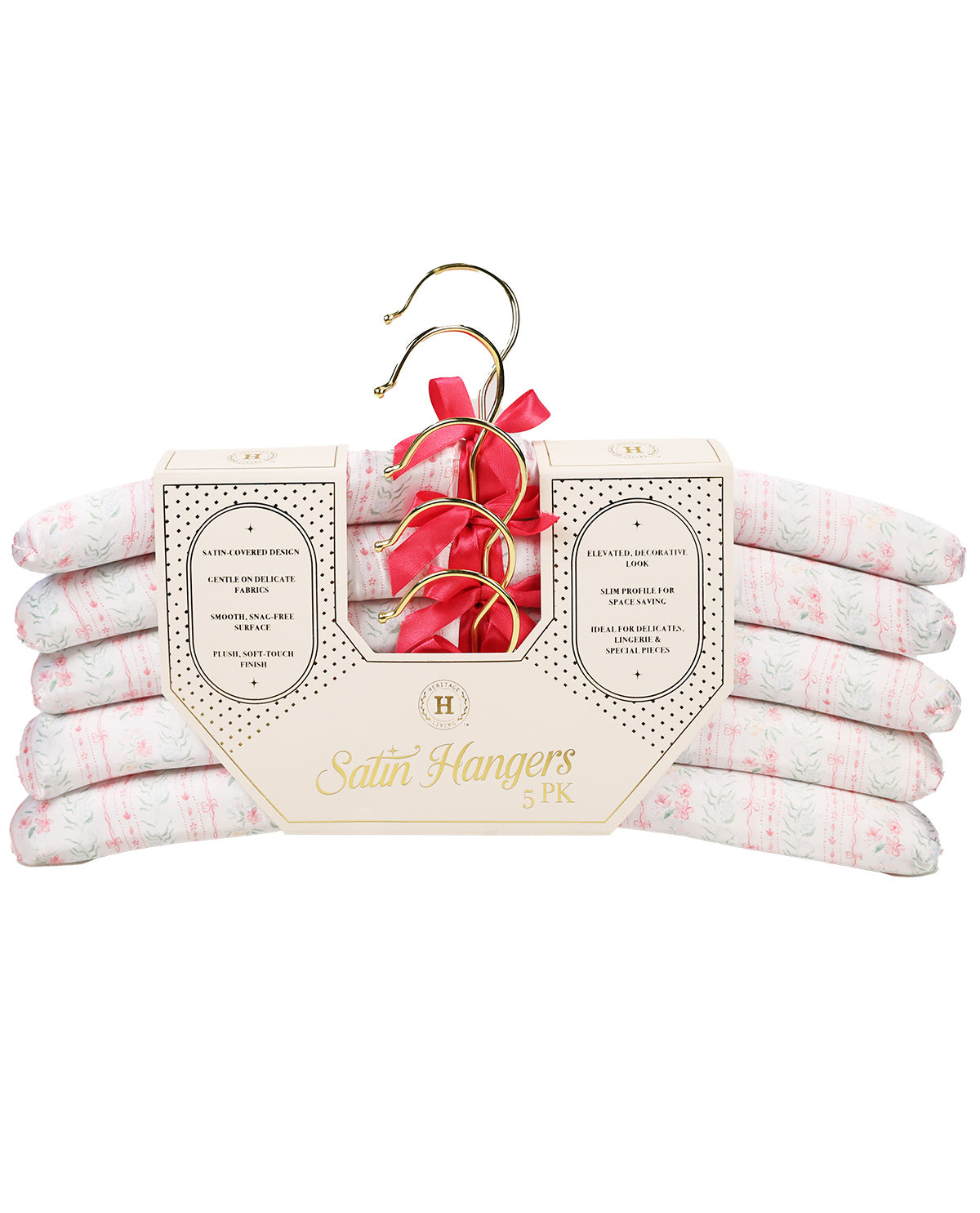 Heritage Pink Floral Stripe 5pk Satin Hangers Gold Hook
