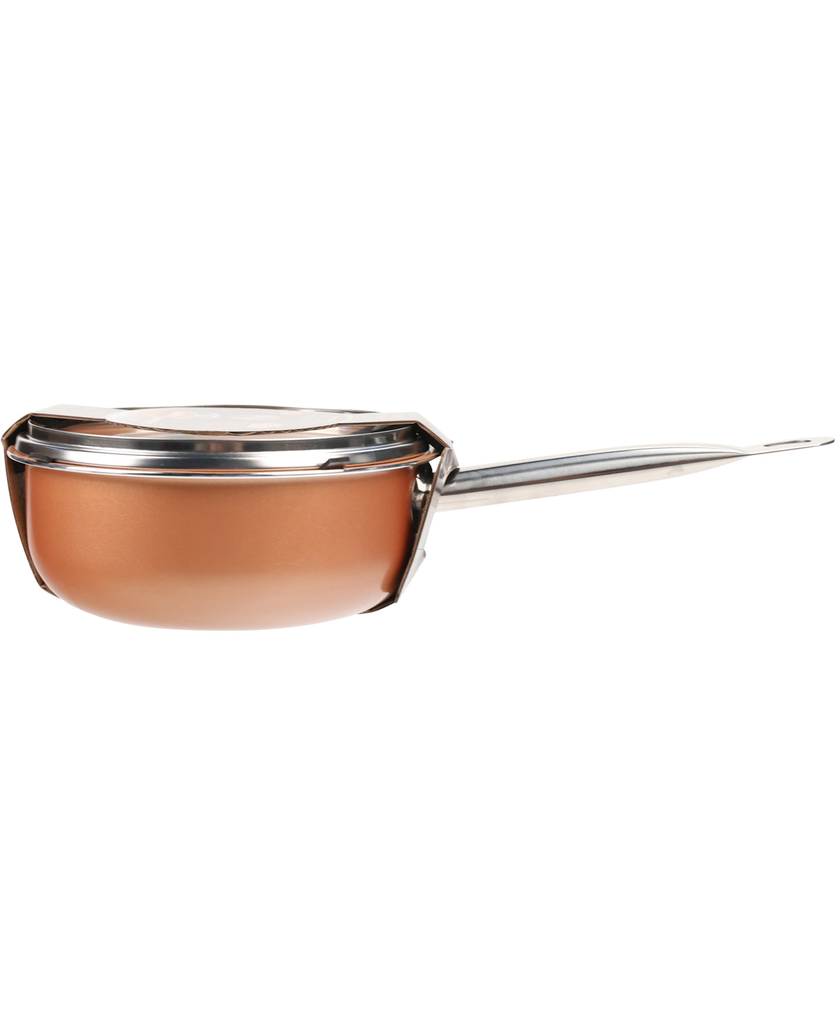 Copper-colored strainer with a silver handle on a white background