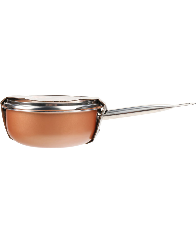 Copper-colored strainer with a silver handle on a white background