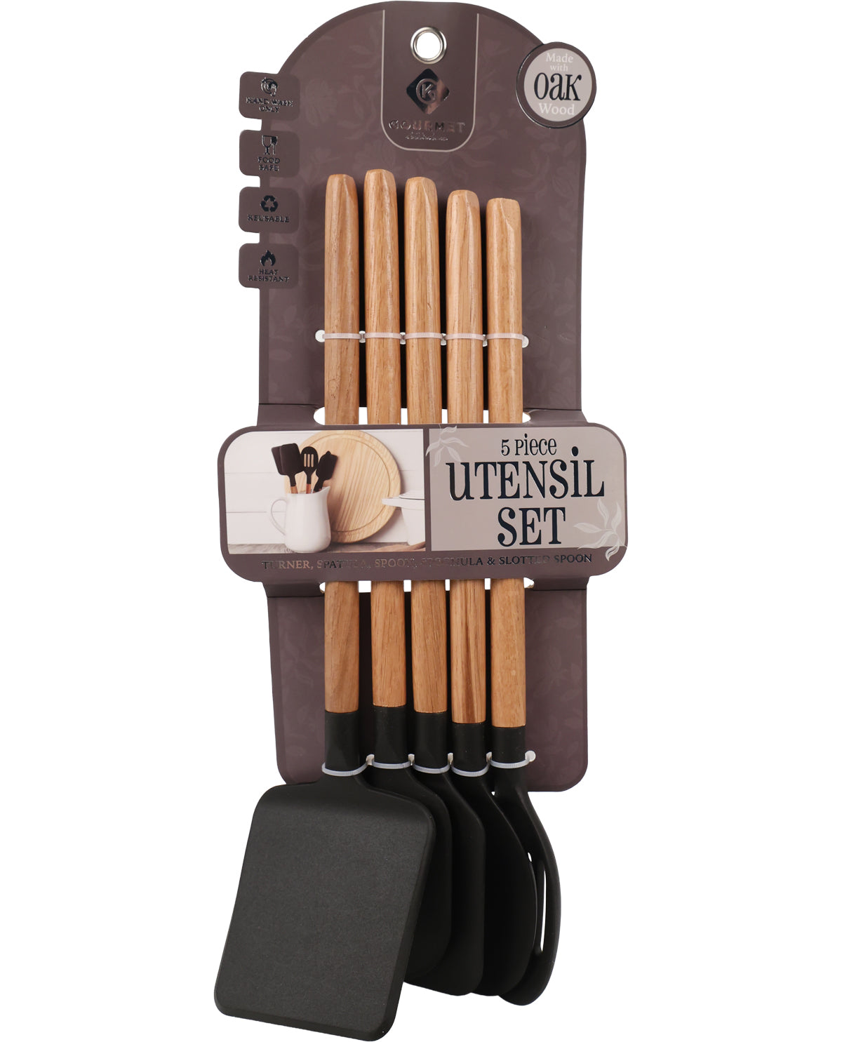 Black 5pc Oak And Silicone Utensil Set With Slot Spoon