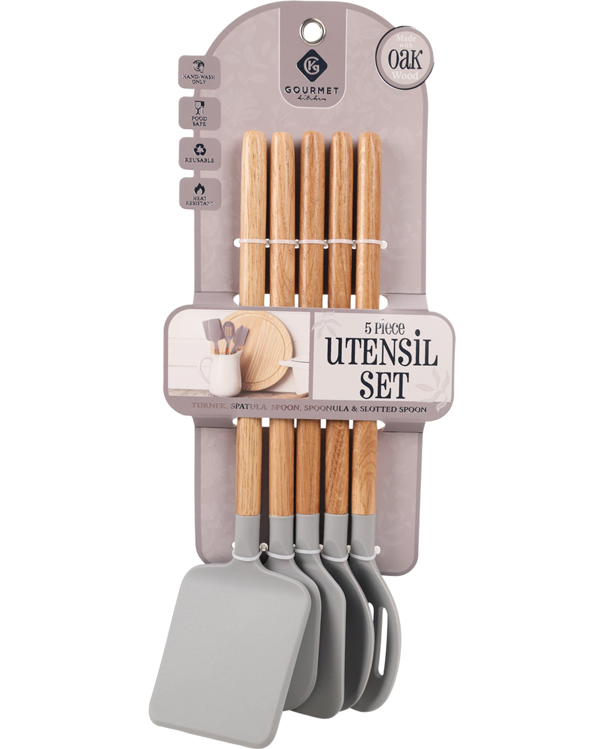 Set of kitchen utensils with gray handles and wooden ends, displayed in packaging.