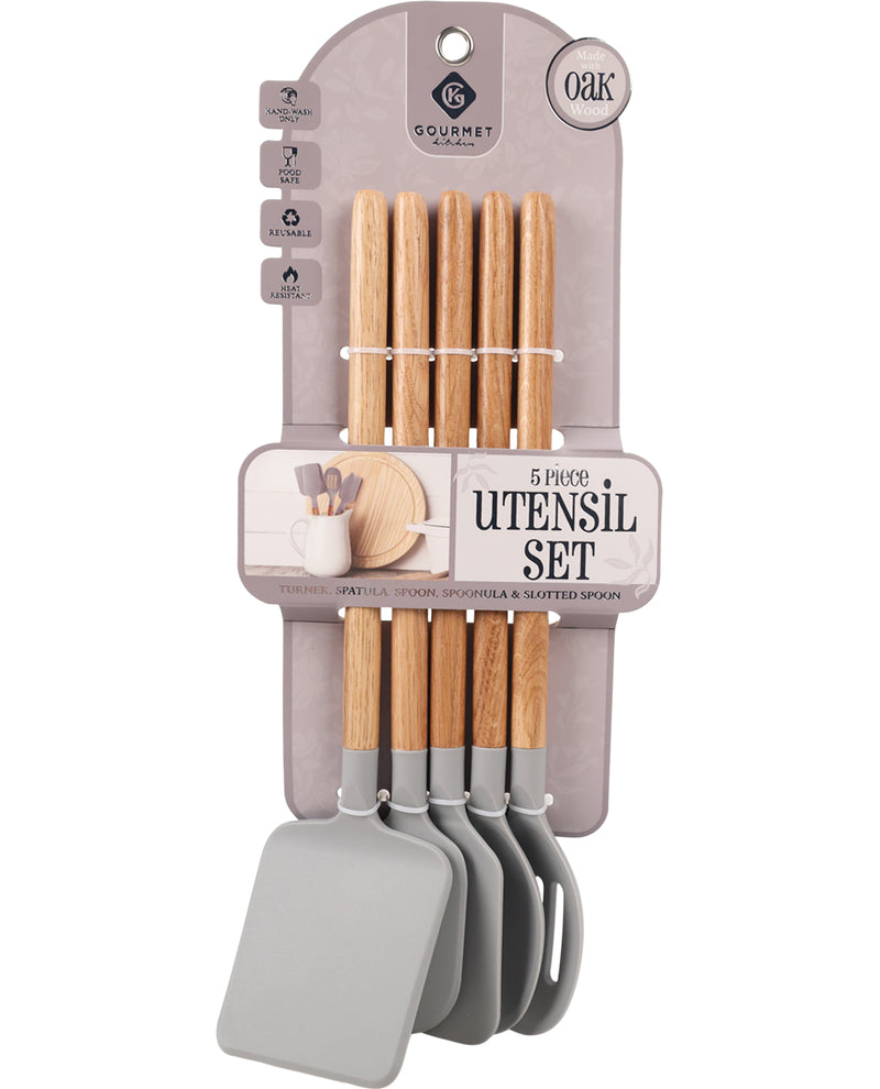 Set of kitchen utensils with gray handles and wooden ends, displayed in packaging.