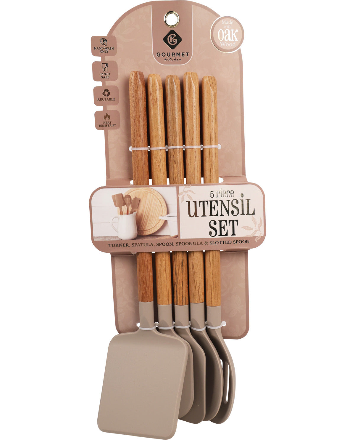 Savannah Tan 5 Piece Oak & Silicone Utensil Set