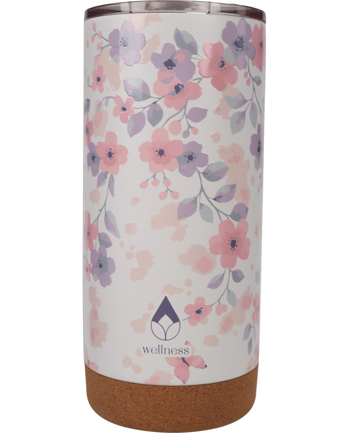 A tall insulated tumbler with a floral print featuring pink and purple flowers on a white background, with a cork base and stainless steel rim.