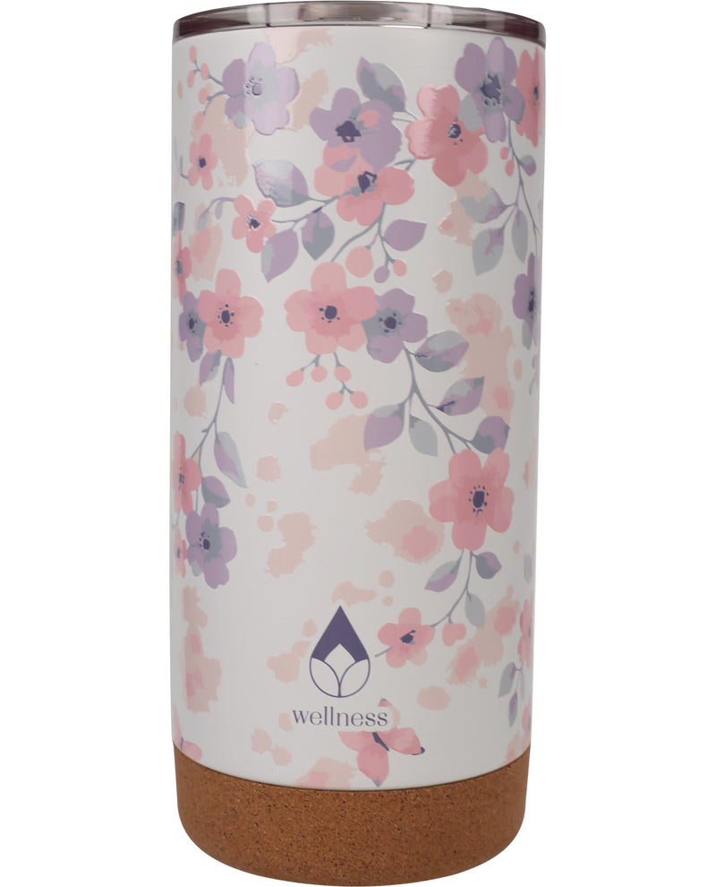 A tall insulated tumbler with a floral print featuring pink and purple flowers on a white background, with a cork base and stainless steel rim.