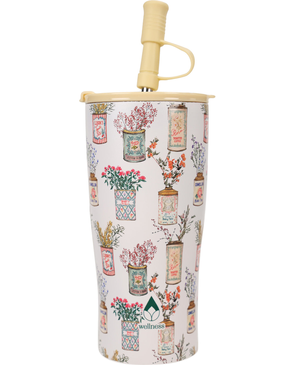 A tall insulated tumbler with a cream-colored straw and matching lid, decorated with a vintage-style pattern of illustrated flower vases on a light pink background. The brand name 'wellness' is printed near the bottom.