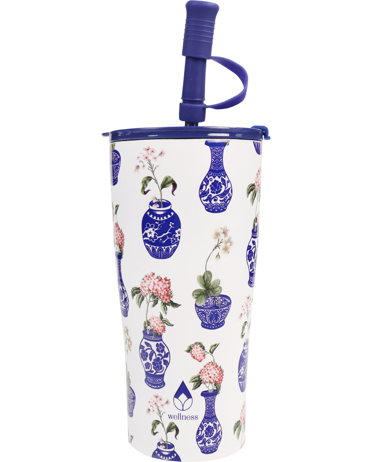 Tumbler with floral and vase design on a white background
