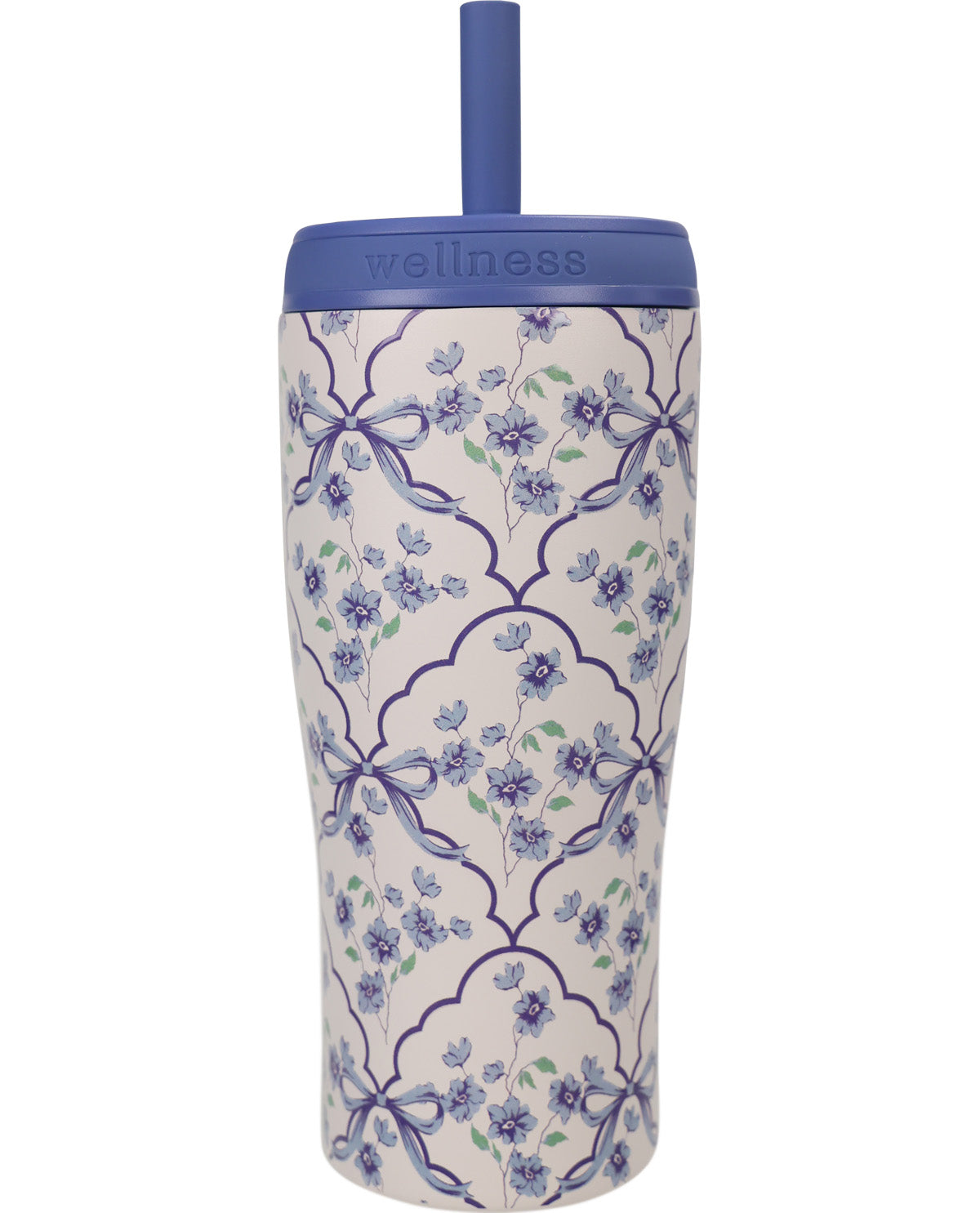 A tall insulated tumbler with a blue lid and straw, featuring a white body decorated with a blue and green floral trellis pattern. The brand name 'wellness' is embossed on the blue lid.