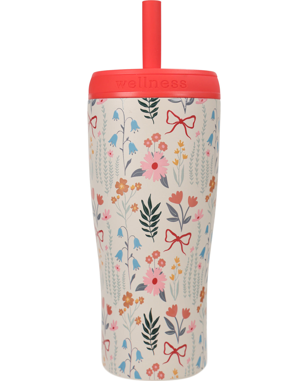 A tall insulated tumbler with a coral red lid and straw, featuring a delicate floral and botanical pattern on a cream background. The brand name 'wellness' is embossed on the lid.
