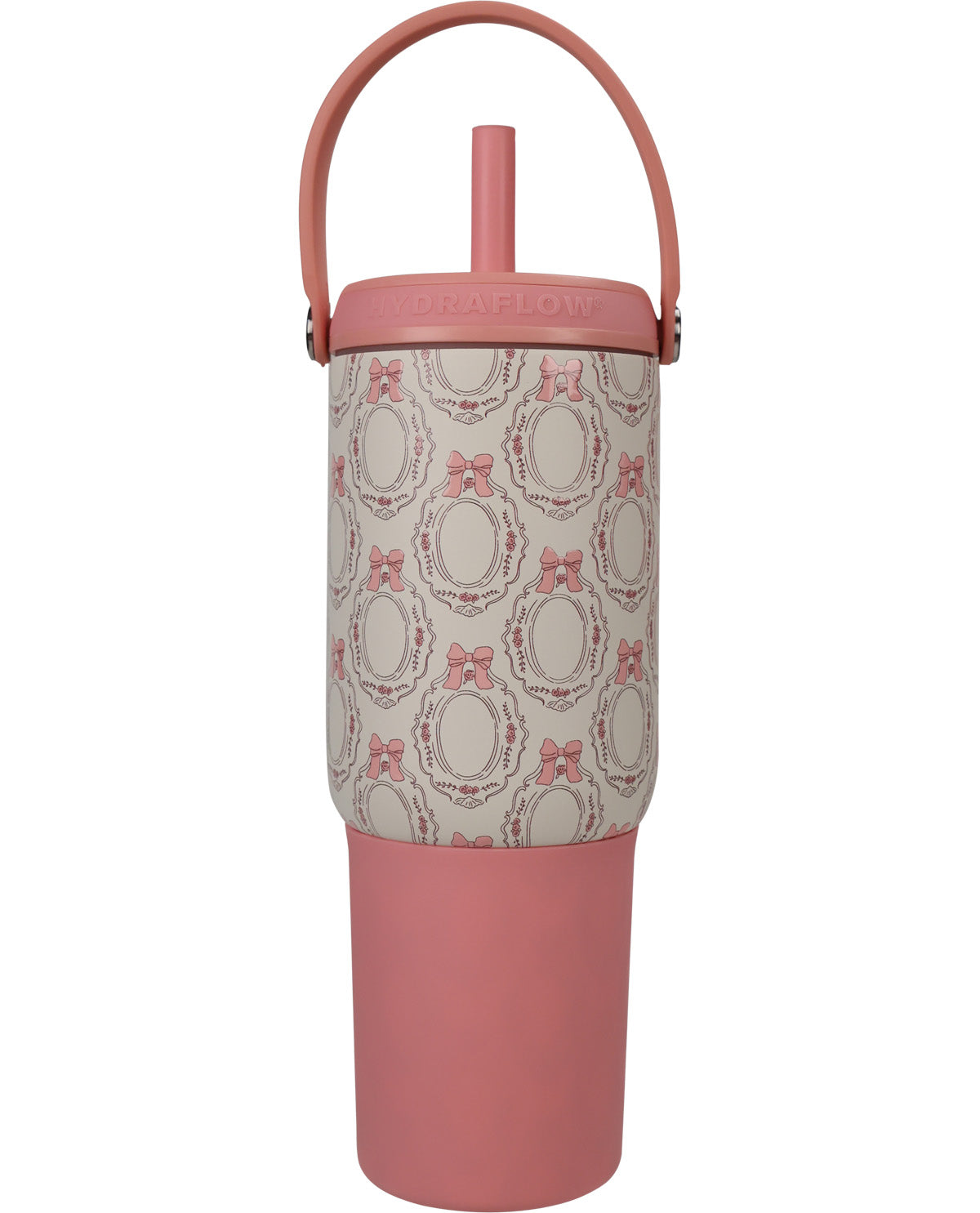 A pink and beige patterned insulated tumbler with a matching pink lid, carrying loop, and straw, shown on a plain white background.