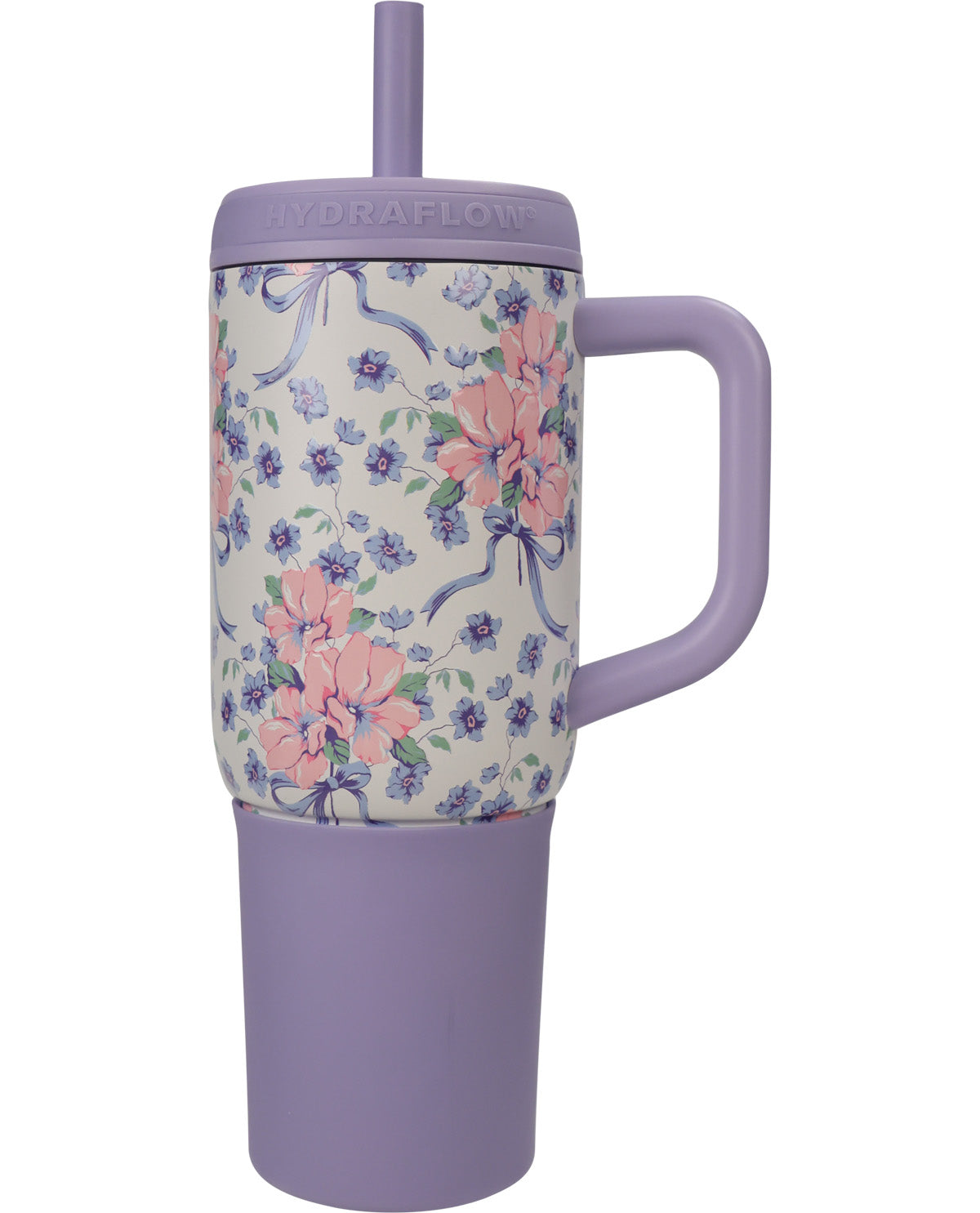 A lavender-purple insulated tumbler with a floral pattern body, featuring a matching purple lid with straw and a side handle, on a white background.