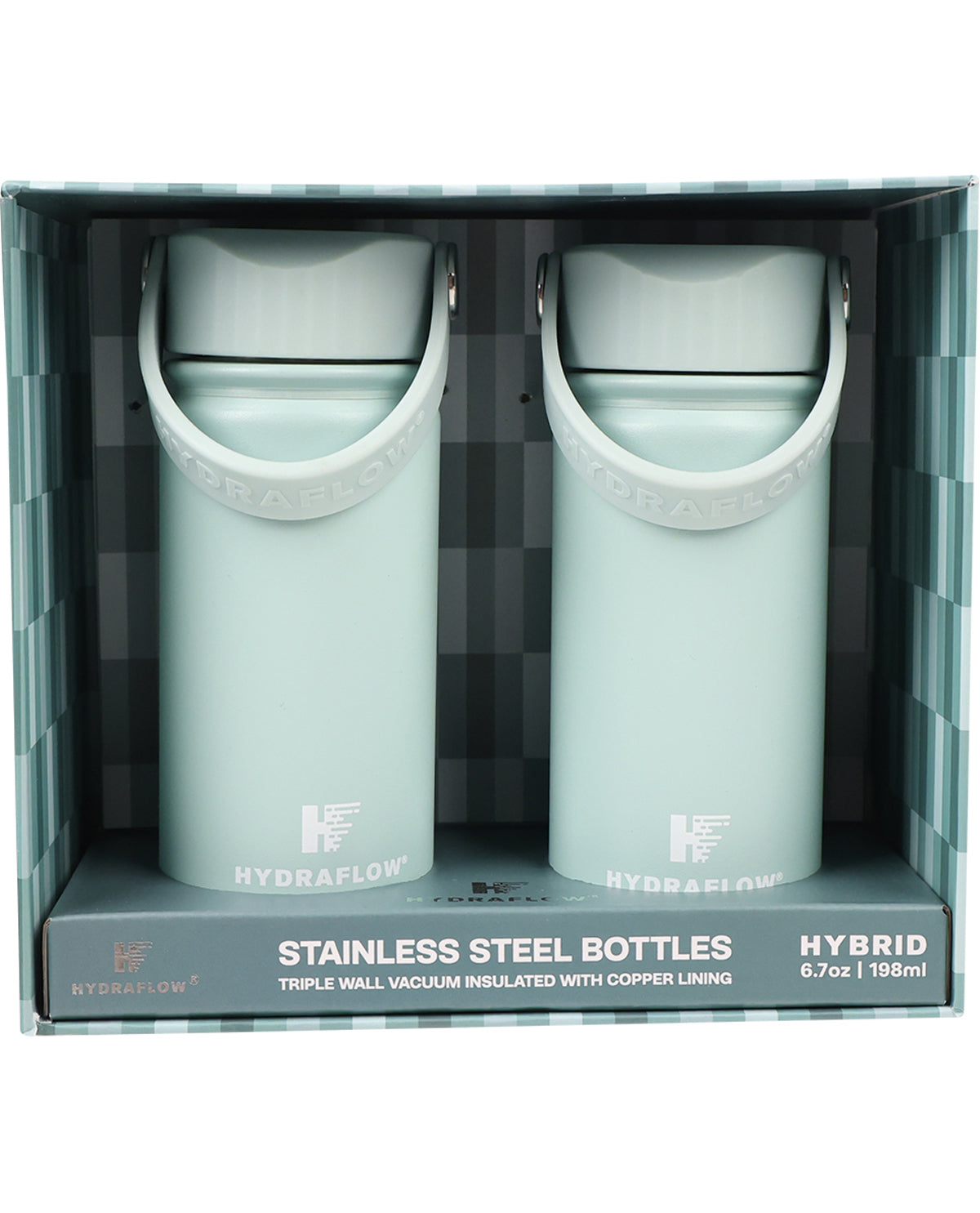 Two stainless steel bottles in a packaging box with 'Hydraflow' branding.