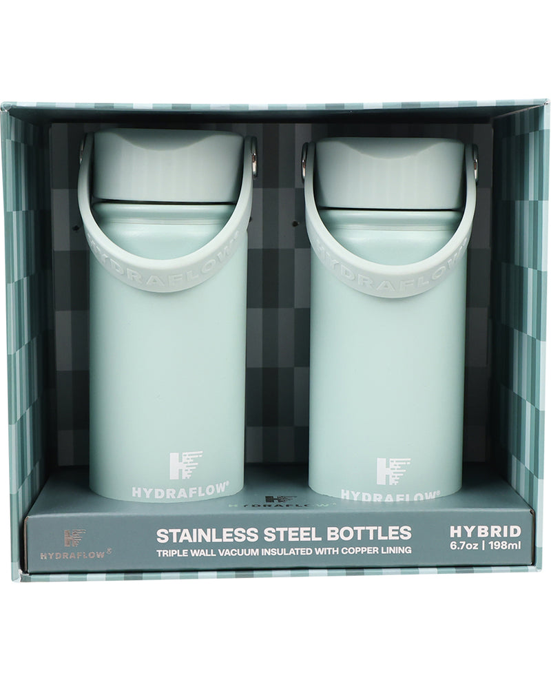 Two stainless steel bottles in a packaging box with 'Hydraflow' branding.