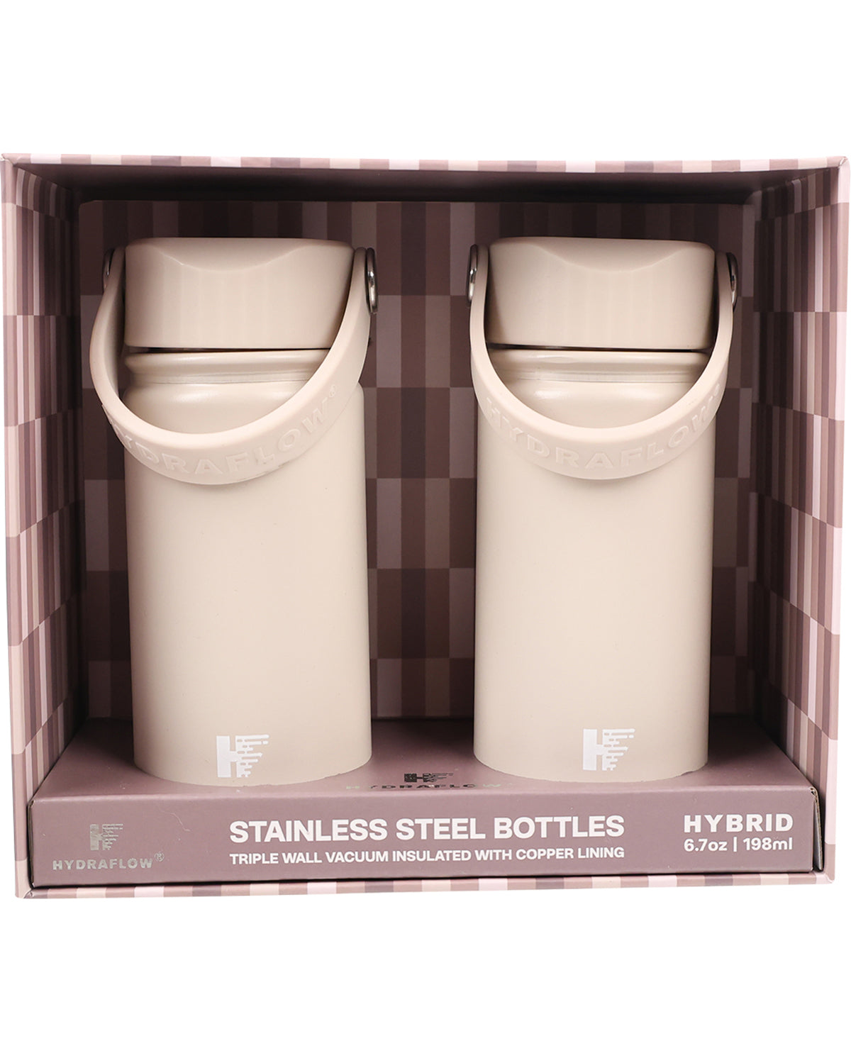 Two stainless steel bottles in a checkered box packaging