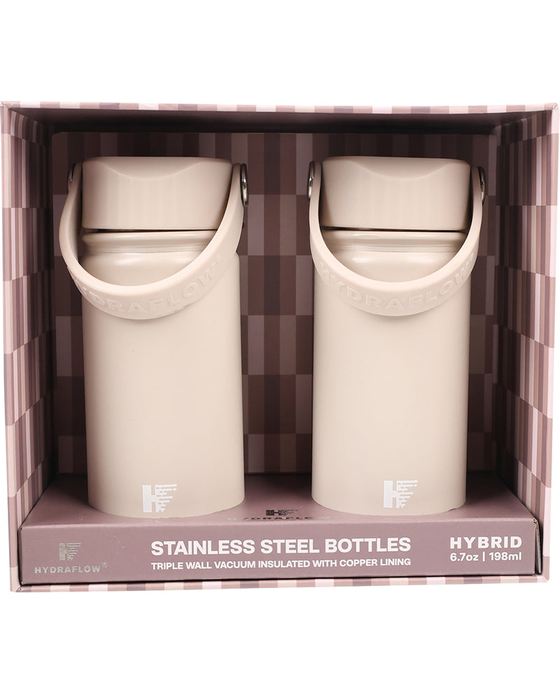 Two stainless steel bottles in a checkered box packaging