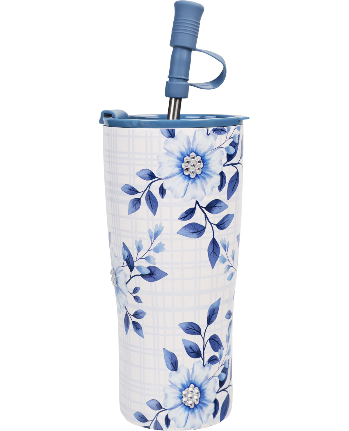 Floral-patterned umbrella with blue accents on a white background