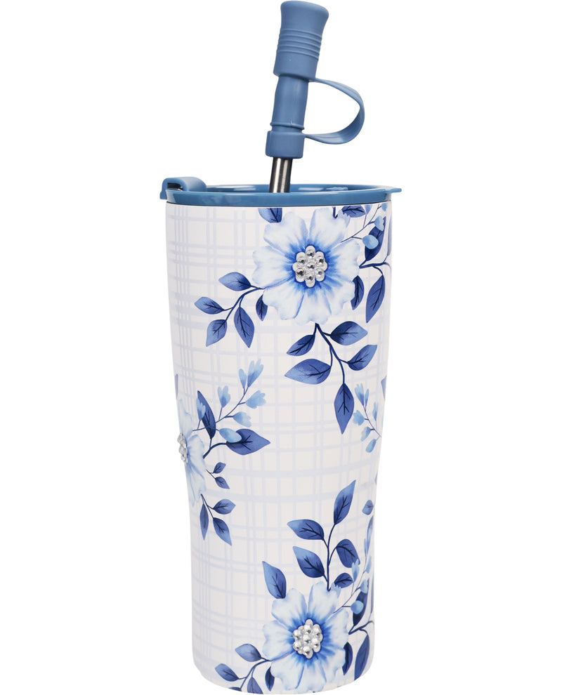 Floral-patterned umbrella with blue accents on a white background