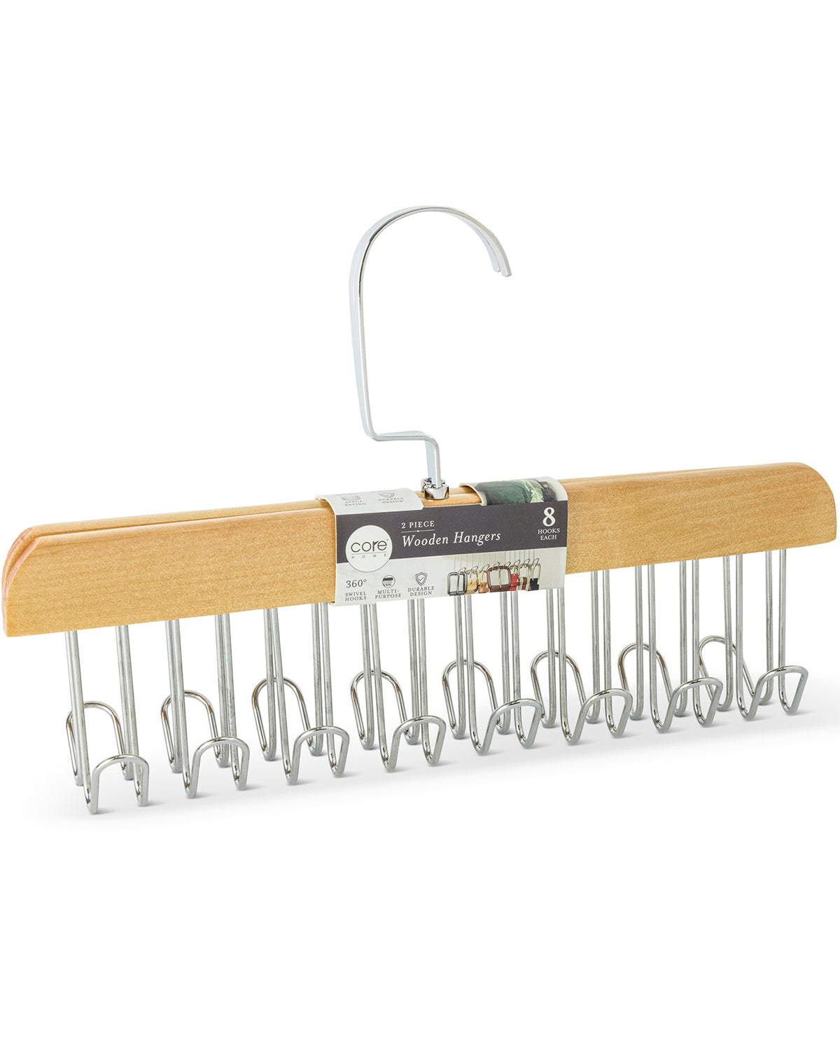 Set of wooden hangers with metal hooks on a white background