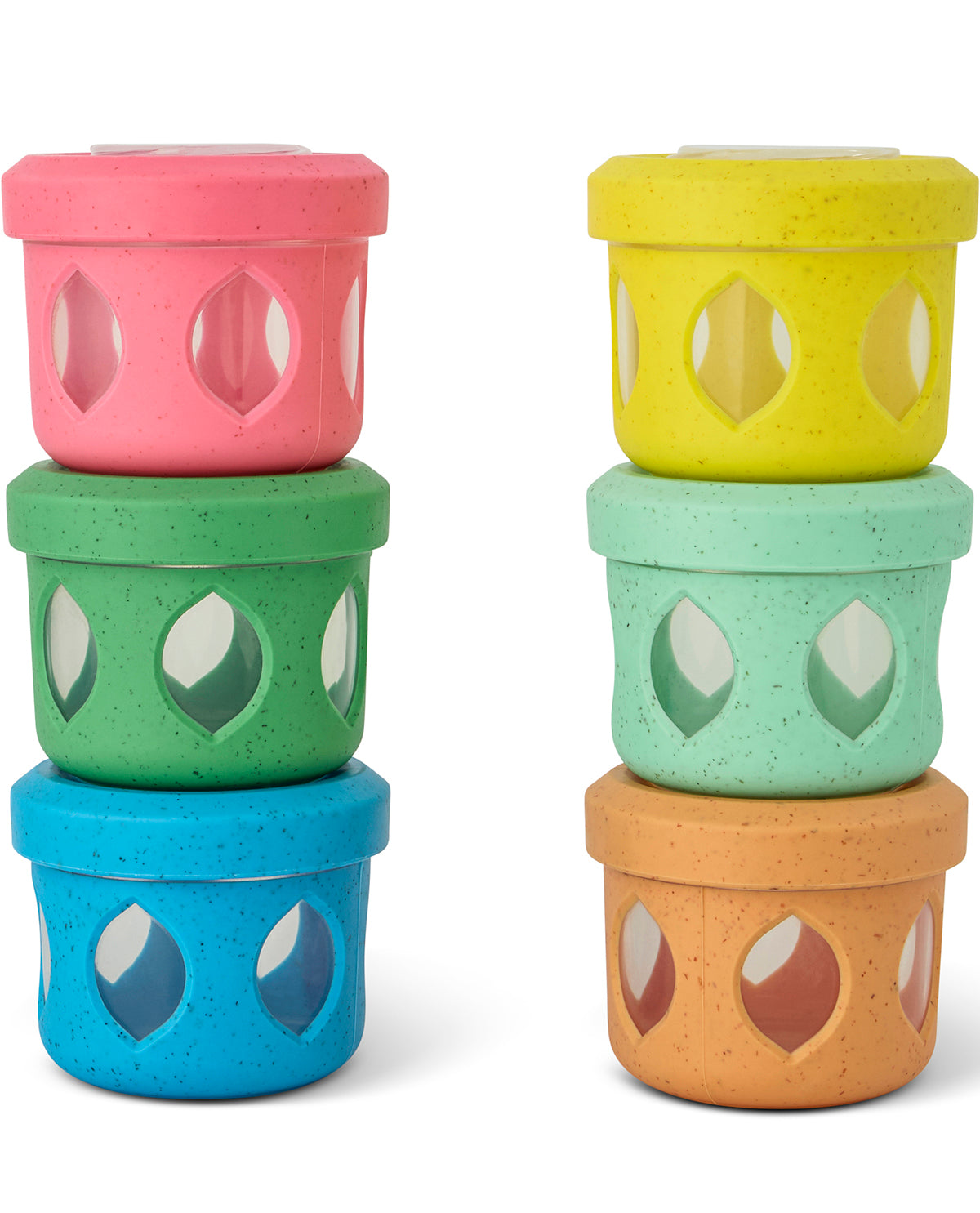 Set of colorful stackable containers with geometric patterns on a white background