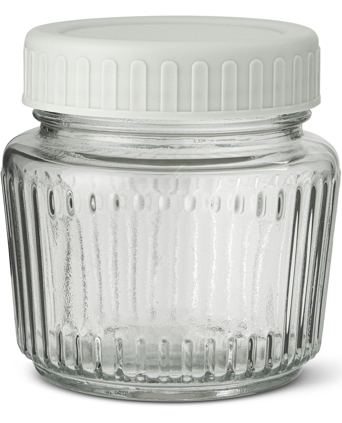 Clear glass jar with a white lid on a white background