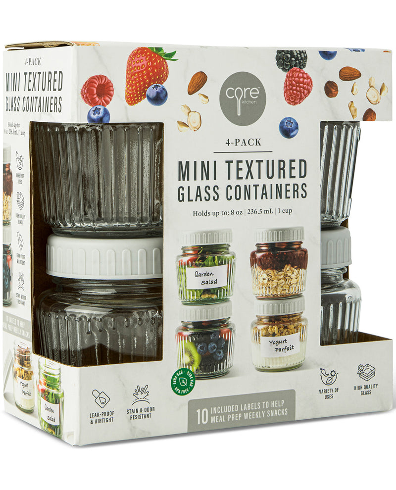 Packaging of mini textured glass containers with images of food on a white background