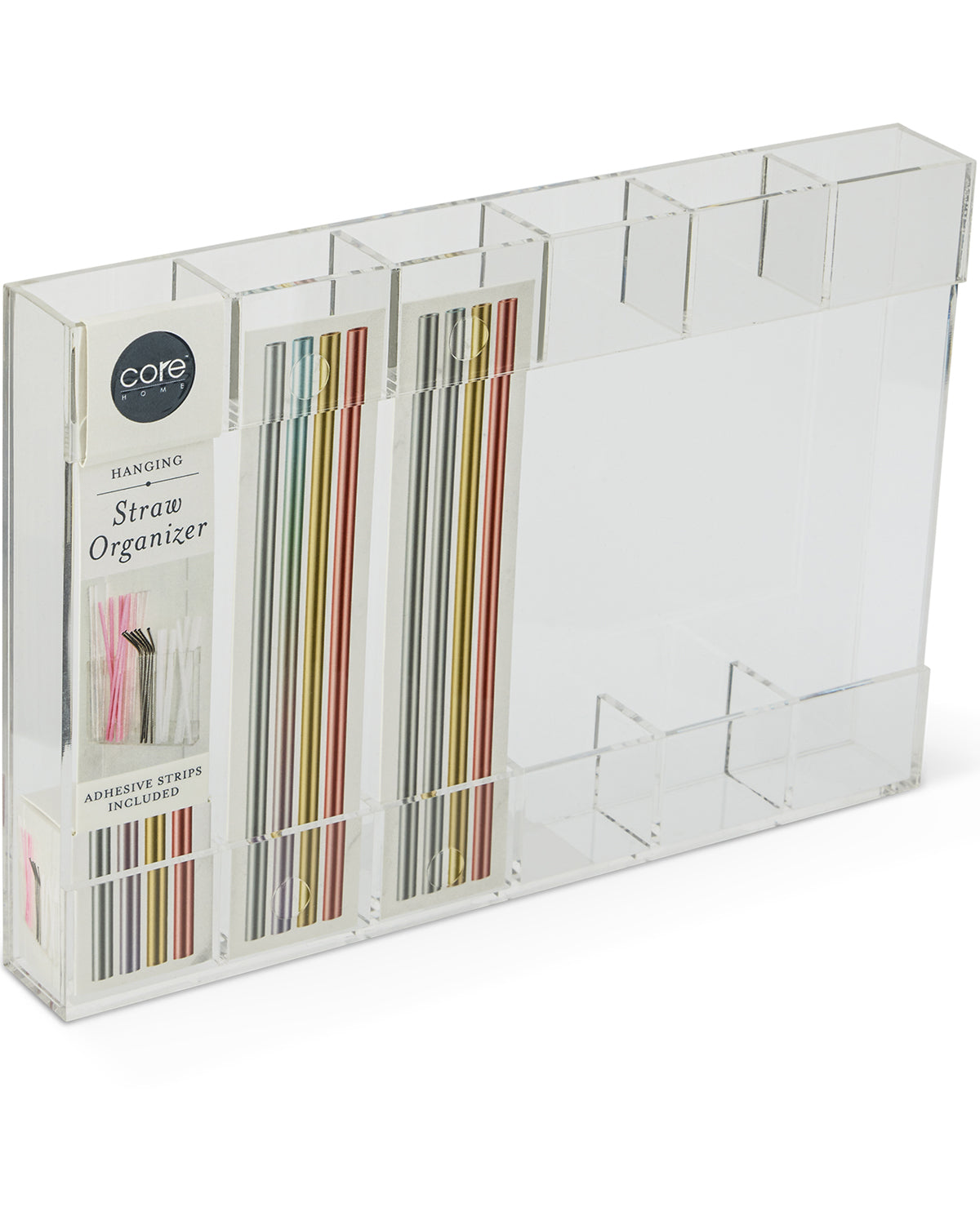 Straw organizer with colorful straws inside on a white background