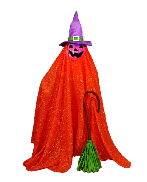 A Halloween ghost costume featuring a sparkling orange cape, a purple witch hat with a green belt, a jack-o'-lantern face, and a green broomstick accessory, shown against a plain white background.