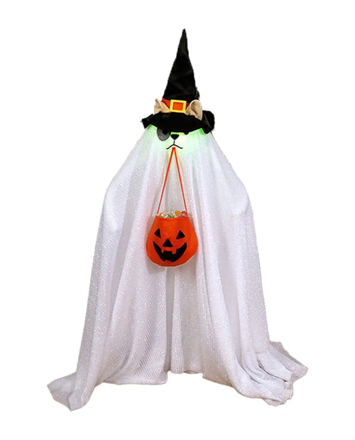 A Halloween decoration shaped like a ghostly figure wearing a black witch hat and draped in a white sheet, holding a small orange jack-o'-lantern bucket.