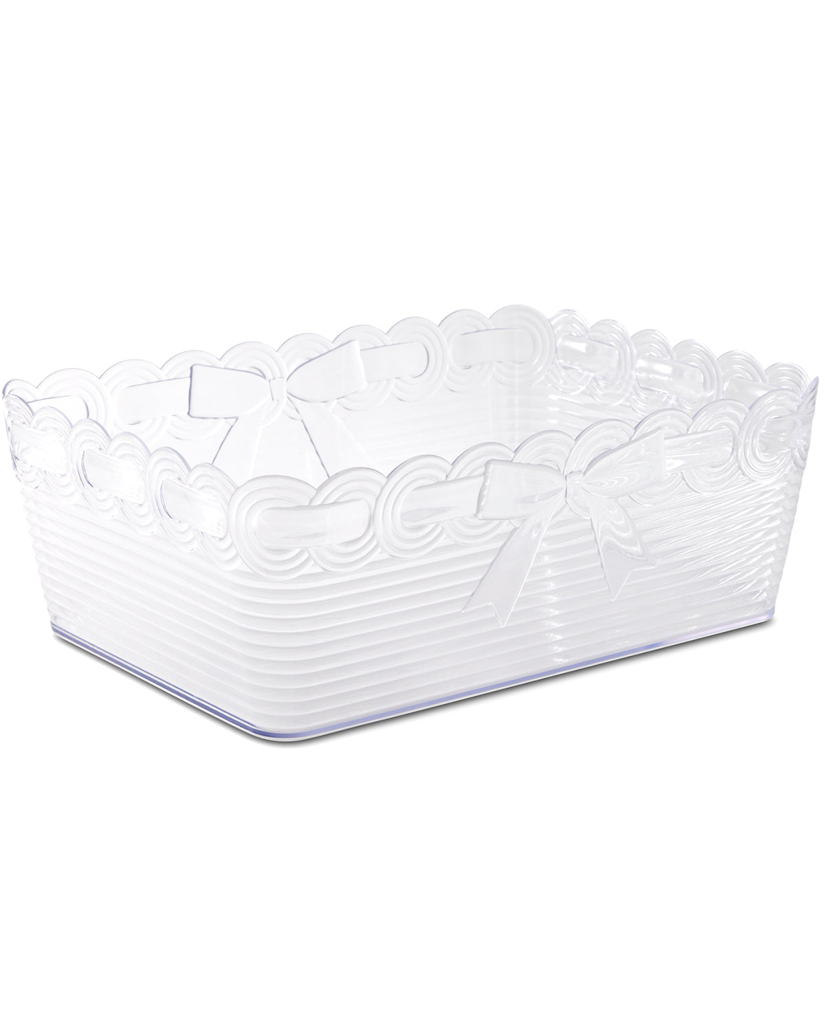 White decorative basket with scalloped edge on a white background
