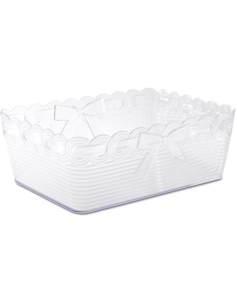 White decorative basket with scalloped edge on a white background
