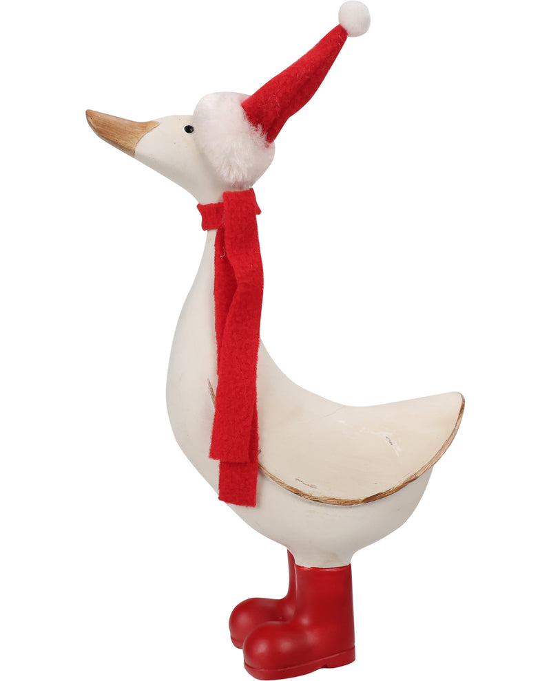 A decorative goose figurine or ornament in white with a red Santa hat, red scarf, and red boots, shown on a plain white background.