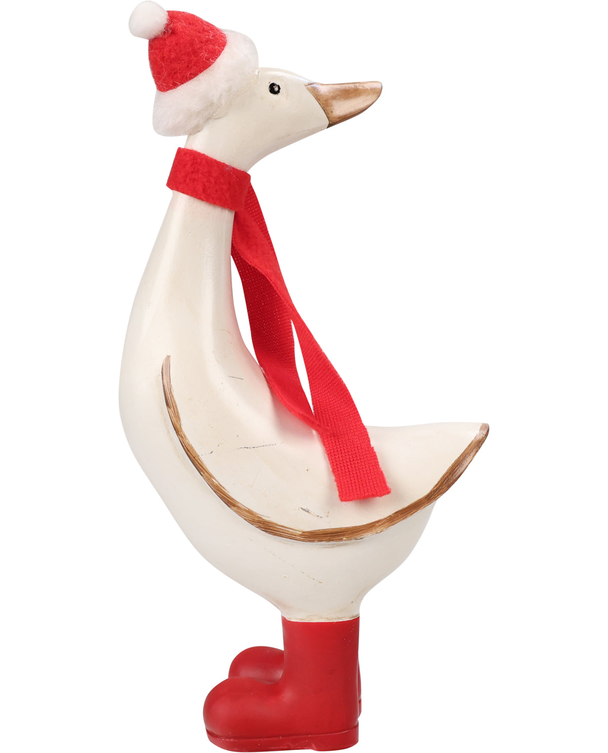 A decorative goose figurine in white with a red Santa hat, red scarf, and red boots, shown on a plain white background.