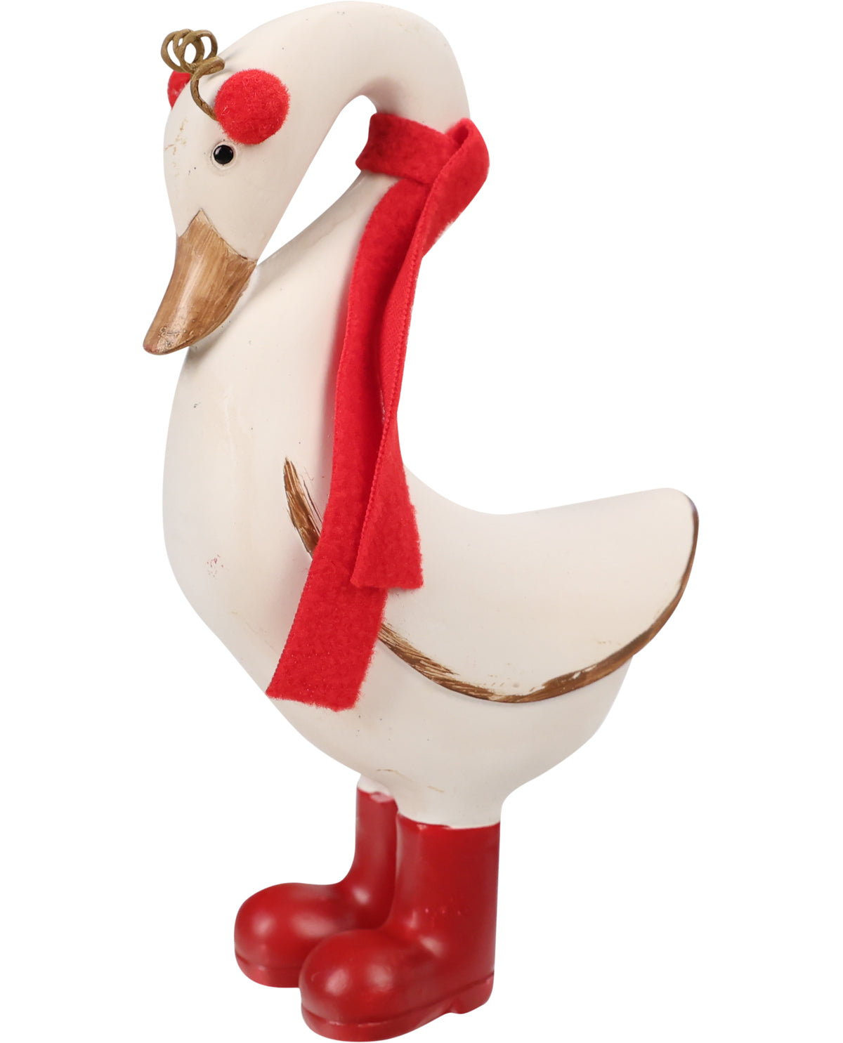 A decorative white goose figurine wearing a red felt scarf, red rain boots, and a small red pom-pom on its head with a gold ring, isolated on a white background.