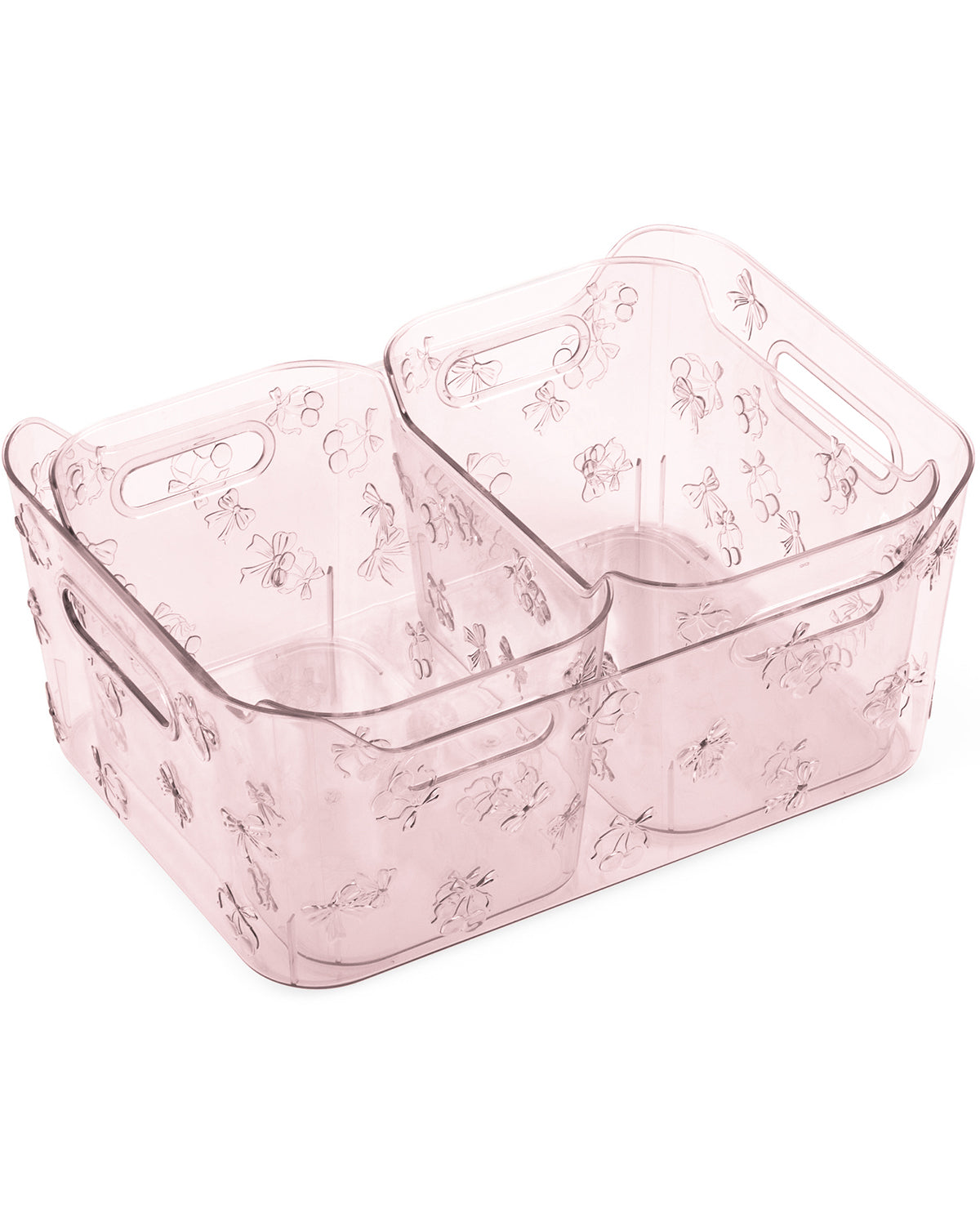 Pink storage bins with clear lids on a white background