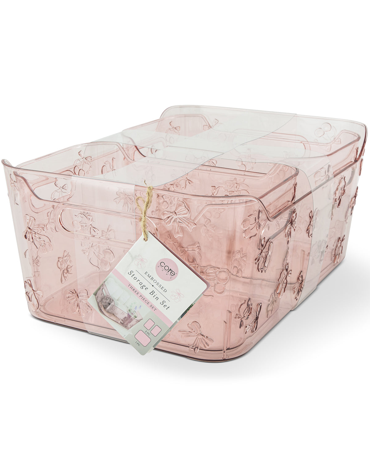 Pink storage bin with a pattern on a white background