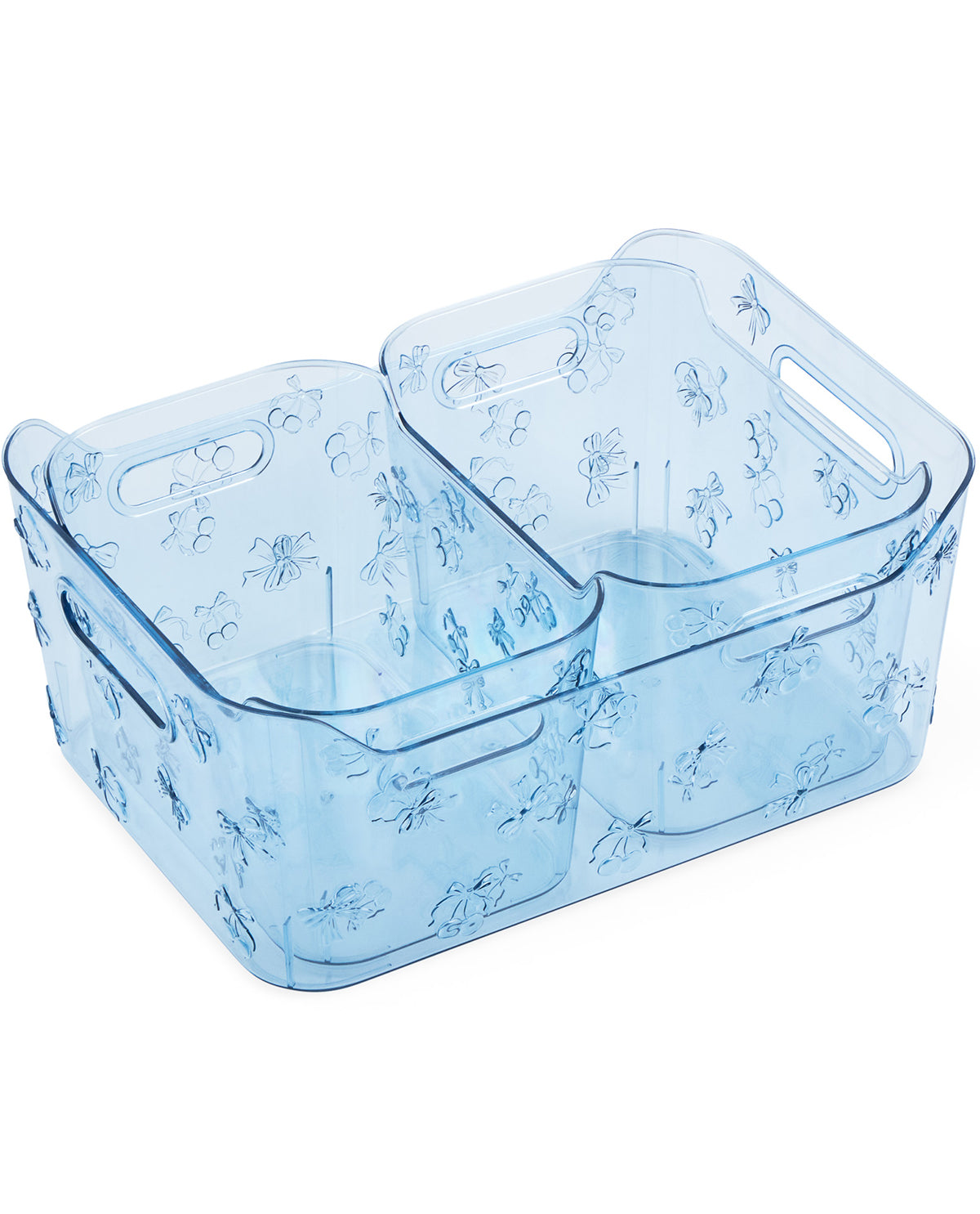Blue plastic container with floral pattern on a white background