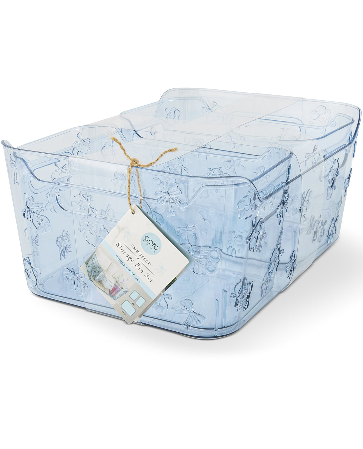 Rectangular storage box with blue pattern and tag on a white background