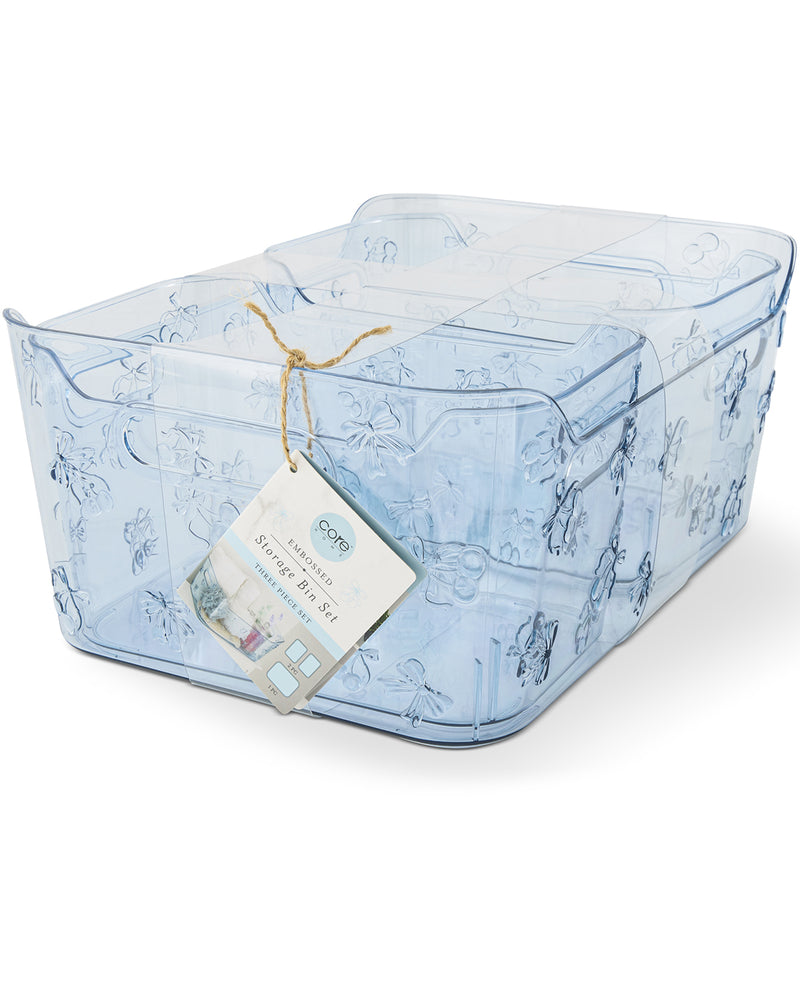 Rectangular storage box with blue pattern and tag on a white background