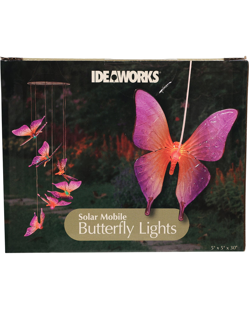 Box of Ideaworks solar mobile butterfly lights with pink butterflies on a dark background.