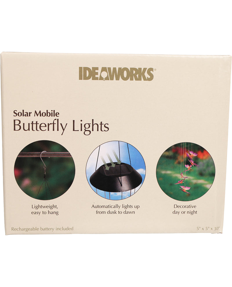 Box of Ideaworks solar mobile butterfly lights with product details on a beige background