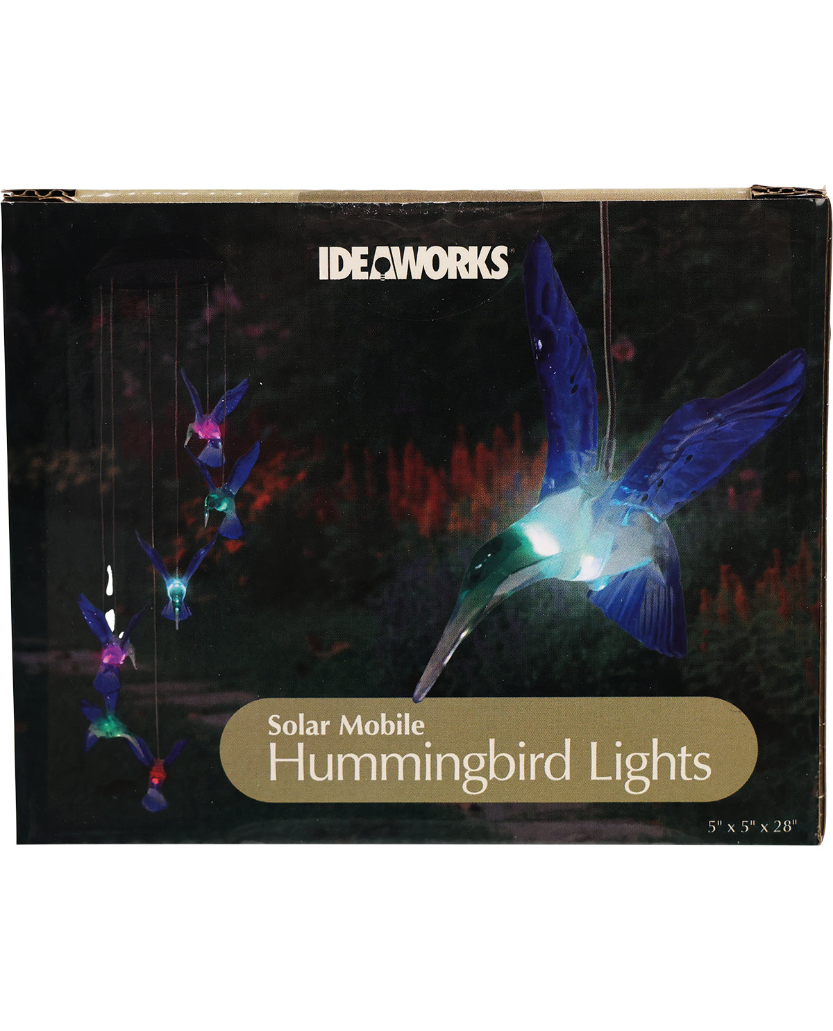 Box of Ideaworks solar mobile hummingbird lights with colorful lights on a black background.