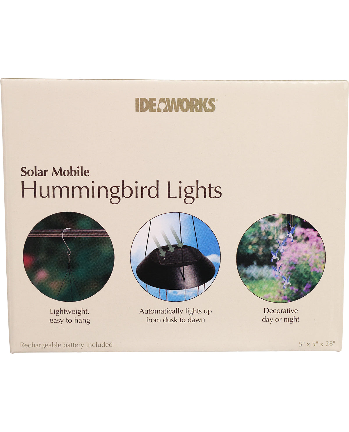 Packaging of IDEAWORKS solar mobile hummingbird lights with images and text on a beige background.
