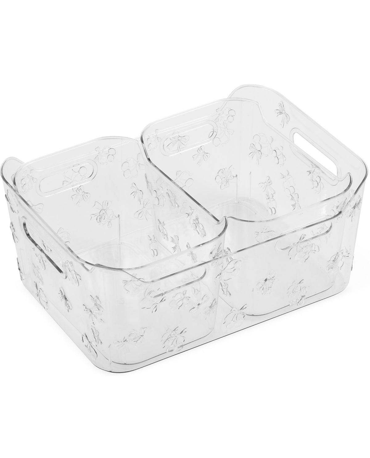 Clear glass food storage containers with floral pattern on a white background
