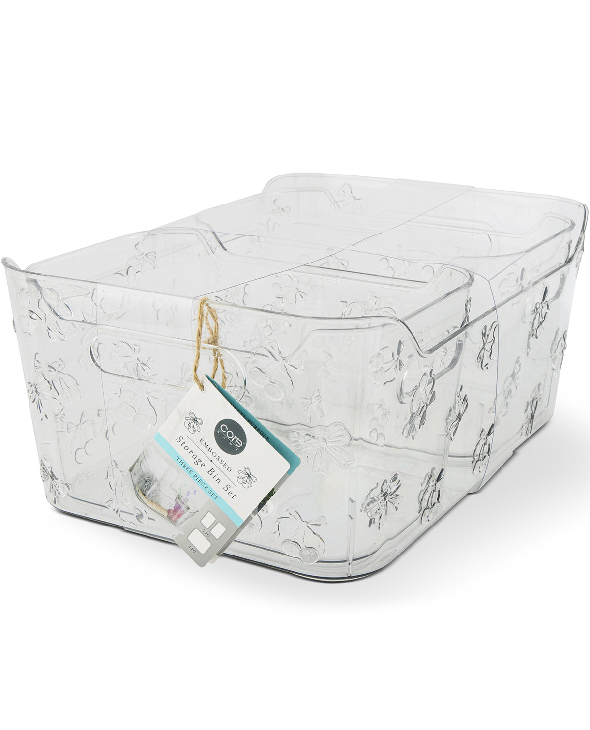 Clear storage bin with patterned design and a tag on a white background