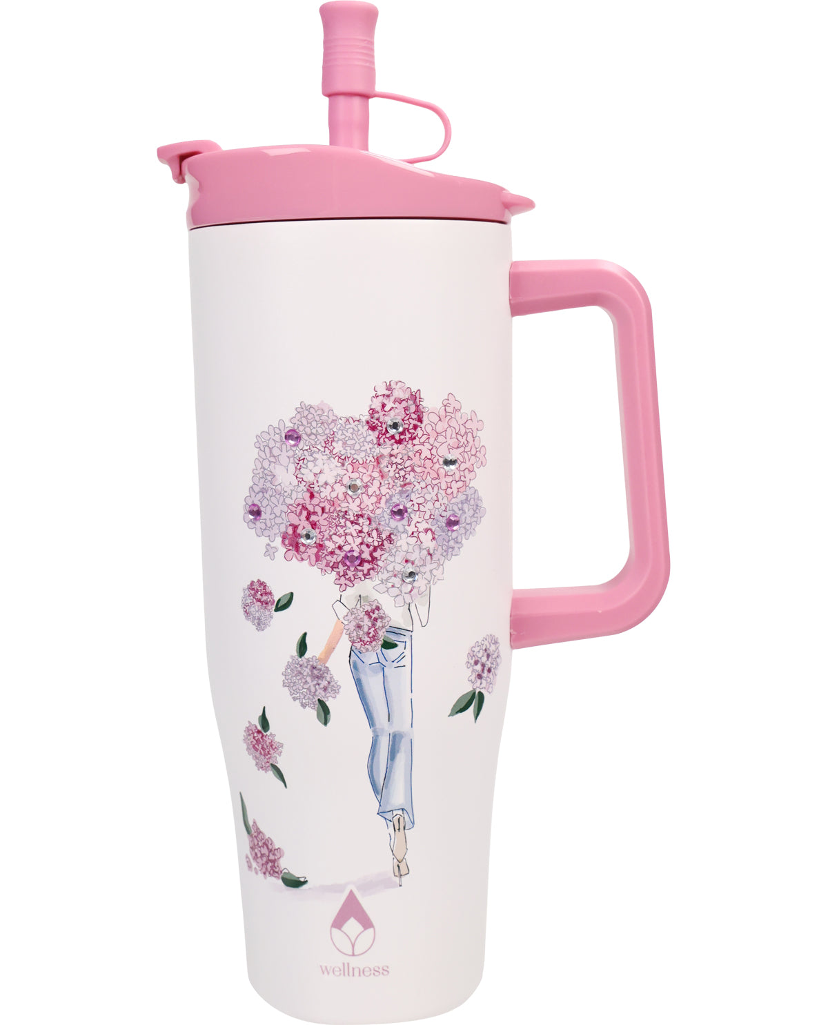 White tumbler with pink handle and lid, featuring a design of a person holding flowers on a white background.