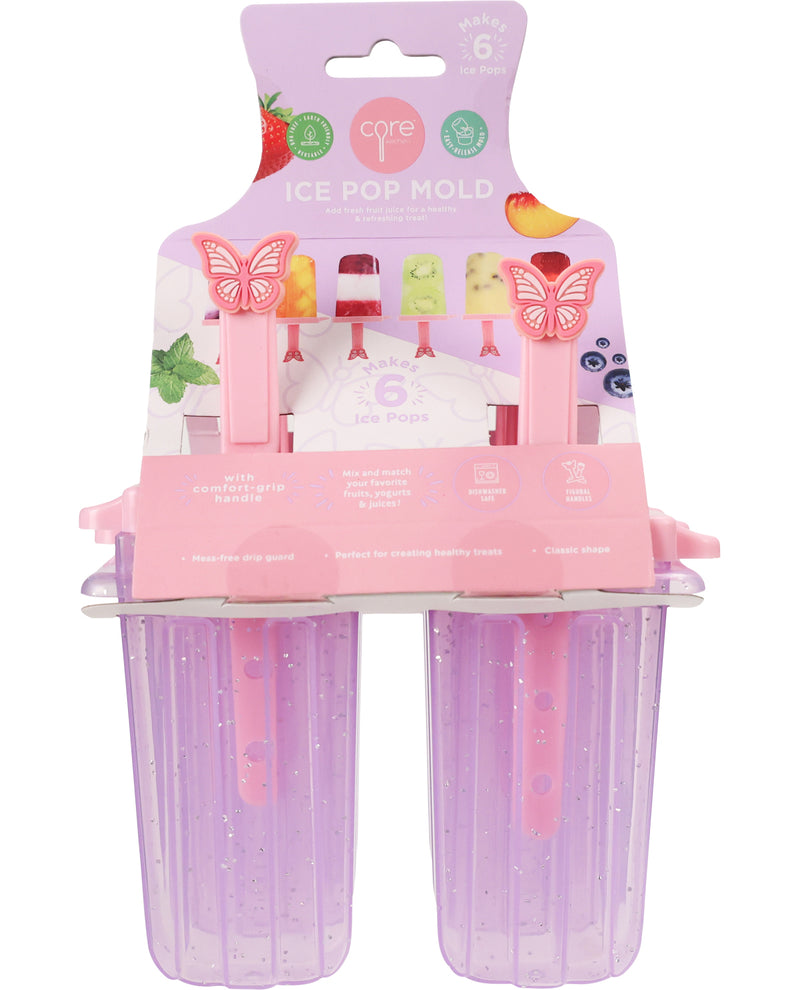 A Core 6 Ice Pop Mold set in its retail packaging, featuring two translucent lavender-purple molds with pink inner molds and butterfly-shaped handles, under a pink cardboard header.